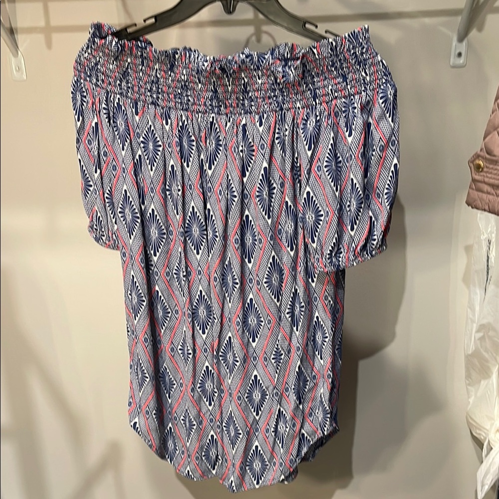 Karen Kane Smocked Pink and Blue Short Sleeve Blouse